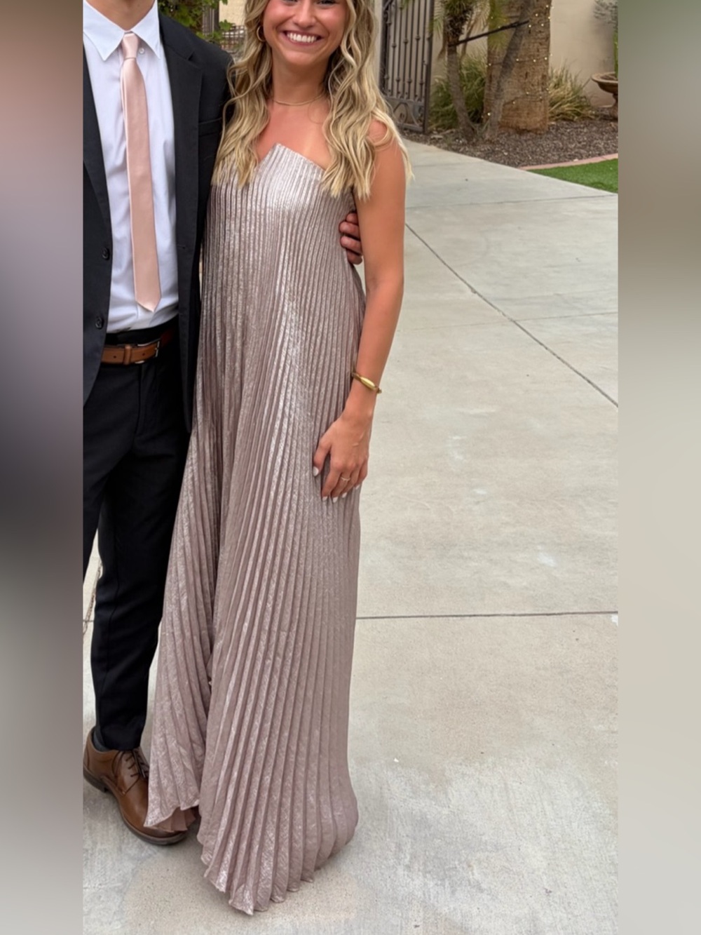 VICI Pleated Maxi Dress in Champagne/Pink